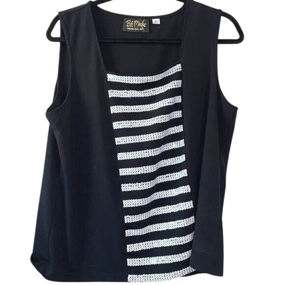 Bob Mackie Wearable Art Black Sleeveless Top W/ Silver Stripe Detail Womens L Po - Picture 1 of 8
